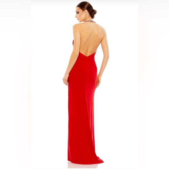 NWT Mac Duggal Red Rhinestone Halter Neck Dress w/High Split - Picture 9 of 9